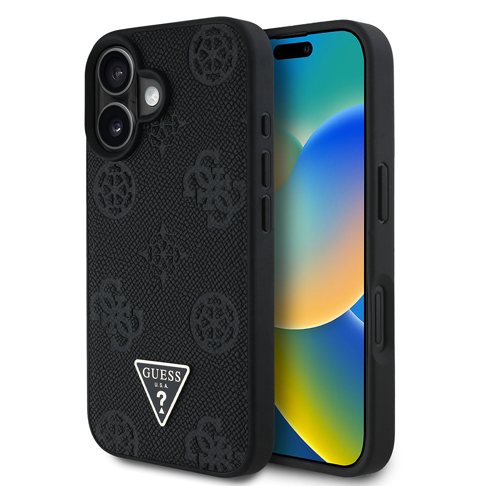 iPhone 16 Kılıf Guess Orjinal Lisanslı M-safe Şarj Özellikli Sıcak Baskılı Üçgen Logolu PU Deri Peony Kılıf