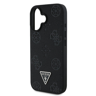 Apple iPhone 16 Kılıf Guess Orjinal Lisanslı M-safe Şarj Özellikli Sıcak Baskılı Üçgen Logolu PU Deri Peony Kapak Siyah