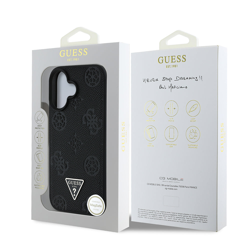 iPhone 16 Kılıf Guess Orjinal Lisanslı M-safe Şarj Özellikli Sıcak Baskılı Üçgen Logolu PU Deri Peony Kılıf