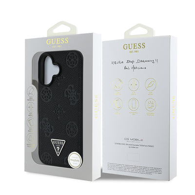 Apple iPhone 16 Kılıf Guess Orjinal Lisanslı M-safe Şarj Özellikli Sıcak Baskılı Üçgen Logolu PU Deri Peony Kapak Siyah
