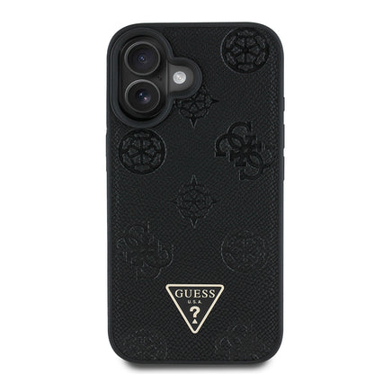 iPhone 16 Kılıf Guess Orjinal Lisanslı M-safe Şarj Özellikli Sıcak Baskılı Üçgen Logolu PU Deri Peony Kılıf