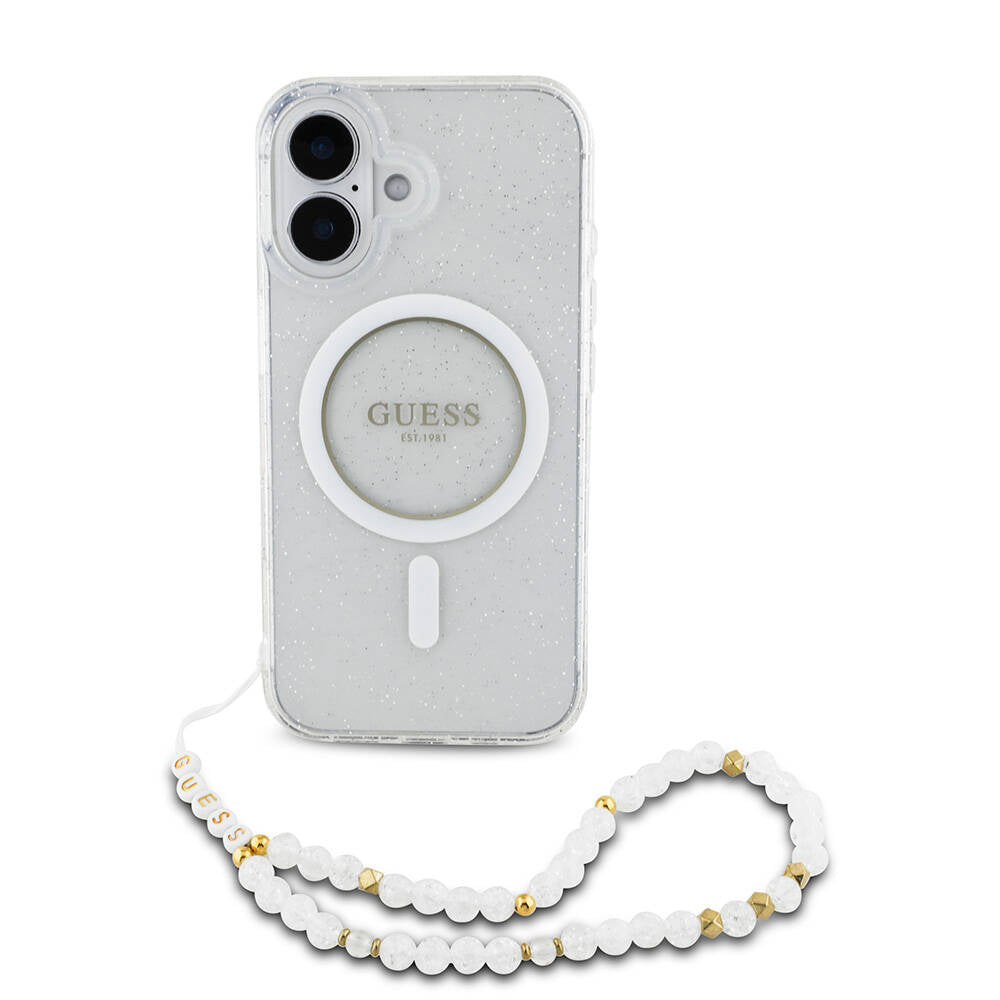 iPhone 16 Kılıf Guess Orjinal Lisanslı M-safe Şarj Özellikli Simli Silikon İnci Bileklikli Kılıf