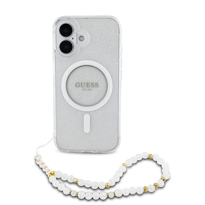 iPhone 16 Kılıf Guess Orjinal Lisanslı M-safe Şarj Özellikli Simli Silikon İnci Bileklikli Kılıf
