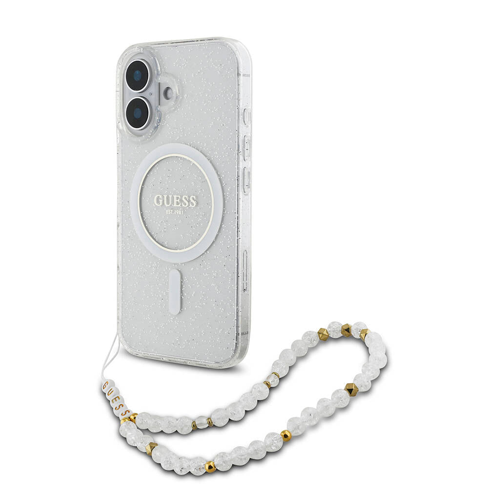 iPhone 16 Kılıf Guess Orjinal Lisanslı M-safe Şarj Özellikli Simli Silikon İnci Bileklikli Kılıf