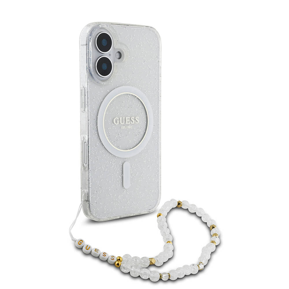 iPhone 16 Kılıf Guess Orjinal Lisanslı M-safe Şarj Özellikli Simli Silikon İnci Bileklikli Kılıf