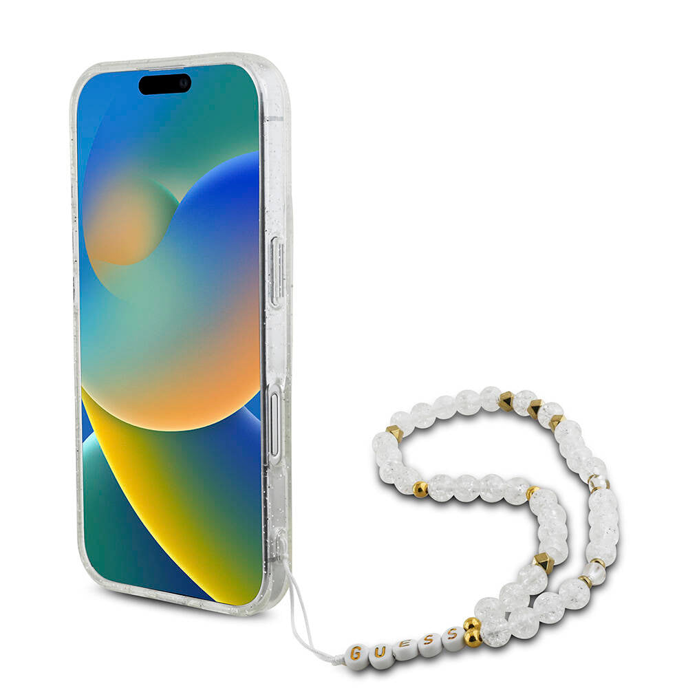 iPhone 16 Kılıf Guess Orjinal Lisanslı M-safe Şarj Özellikli Simli Silikon İnci Bileklikli Kılıf