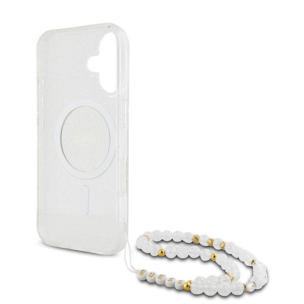 iPhone 16 Kılıf Guess Orjinal Lisanslı M-safe Şarj Özellikli Simli Silikon İnci Bileklikli Kılıf