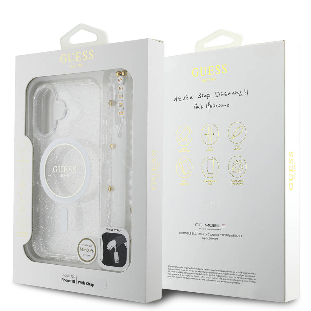 iPhone 16 Kılıf Guess Orjinal Lisanslı M-safe Şarj Özellikli Simli Silikon İnci Bileklikli Kılıf