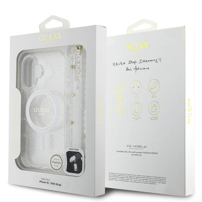 iPhone 16 Kılıf Guess Orjinal Lisanslı M-safe Şarj Özellikli Simli Silikon İnci Bileklikli Kılıf