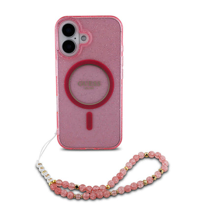iPhone 16 Kılıf Guess Orjinal Lisanslı M-safe Şarj Özellikli Simli Silikon İnci Bileklikli Kılıf