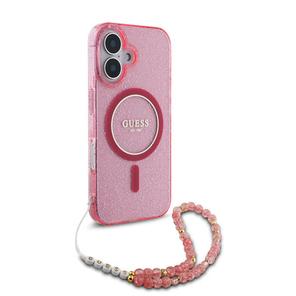 iPhone 16 Kılıf Guess Orjinal Lisanslı M-safe Şarj Özellikli Simli Silikon İnci Bileklikli Kılıf