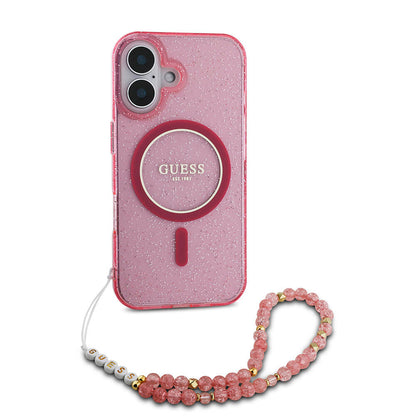 iPhone 16 Kılıf Guess Orjinal Lisanslı M-safe Şarj Özellikli Simli Silikon İnci Bileklikli Kılıf