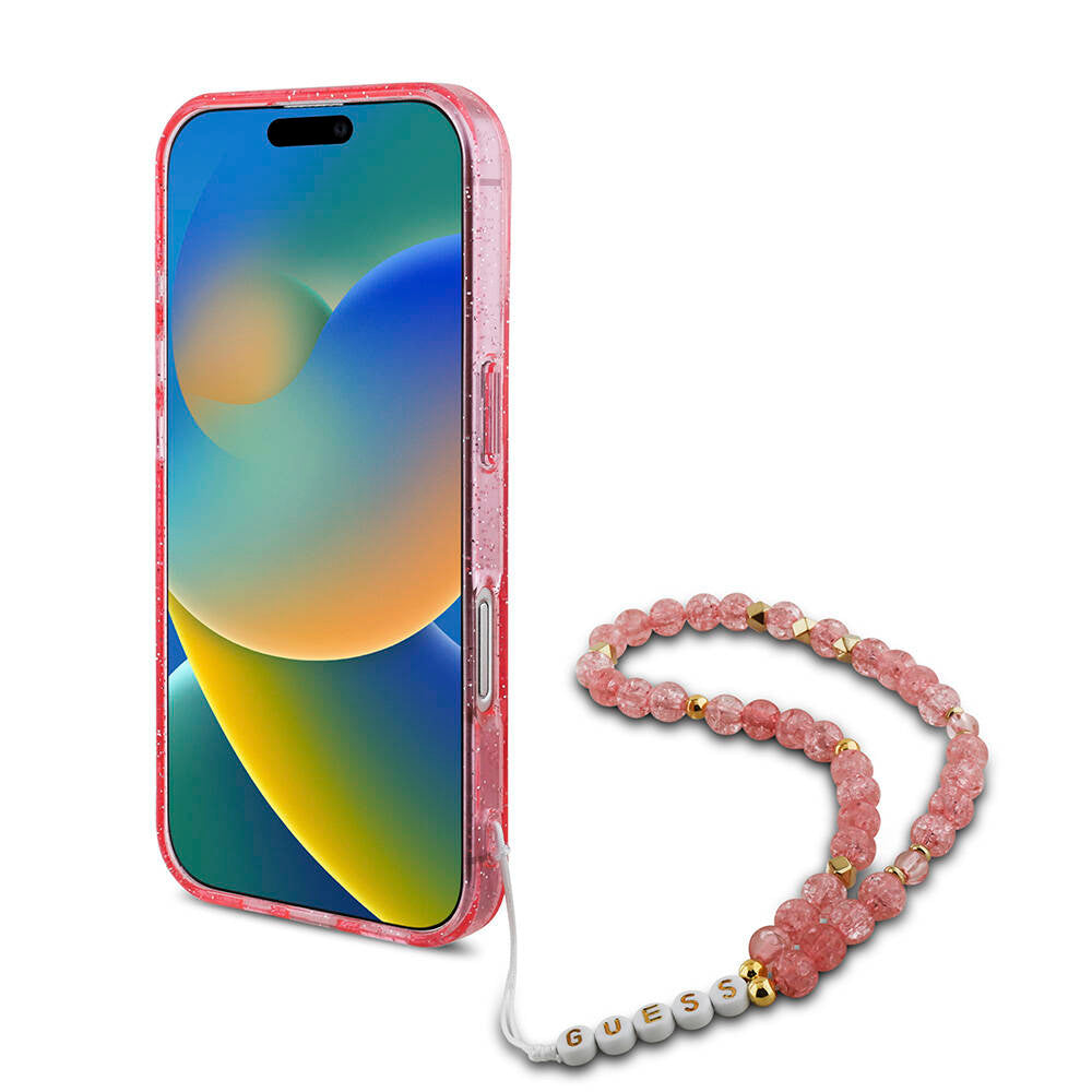 iPhone 16 Kılıf Guess Orjinal Lisanslı M-safe Şarj Özellikli Simli Silikon İnci Bileklikli Kılıf
