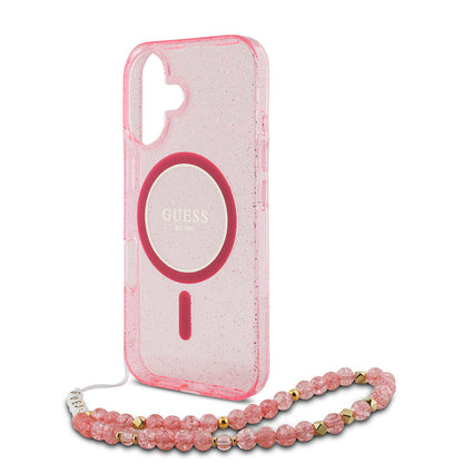 iPhone 16 Kılıf Guess Orjinal Lisanslı M-safe Şarj Özellikli Simli Silikon İnci Bileklikli Kılıf