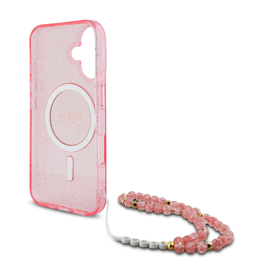 iPhone 16 Kılıf Guess Orjinal Lisanslı M-safe Şarj Özellikli Simli Silikon İnci Bileklikli Kılıf