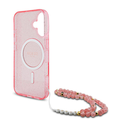 iPhone 16 Kılıf Guess Orjinal Lisanslı M-safe Şarj Özellikli Simli Silikon İnci Bileklikli Kılıf