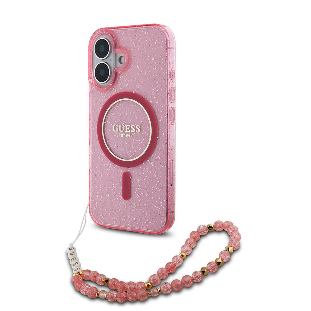 iPhone 16 Kılıf Guess Orjinal Lisanslı M-safe Şarj Özellikli Simli Silikon İnci Bileklikli Kılıf