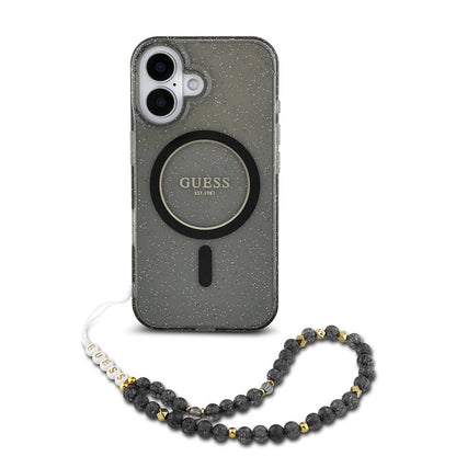 iPhone 16 Kılıf Guess Orjinal Lisanslı M-safe Şarj Özellikli Simli Silikon İnci Bileklikli Kılıf