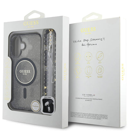iPhone 16 Kılıf Guess Orjinal Lisanslı M-safe Şarj Özellikli Simli Silikon İnci Bileklikli Kılıf