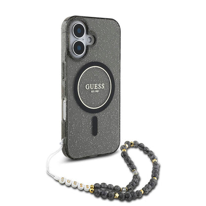 iPhone 16 Kılıf Guess Orjinal Lisanslı M-safe Şarj Özellikli Simli Silikon İnci Bileklikli Kılıf