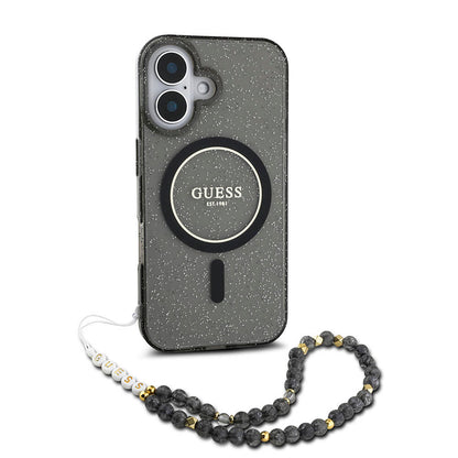 iPhone 16 Kılıf Guess Orjinal Lisanslı M-safe Şarj Özellikli Simli Silikon İnci Bileklikli Kılıf