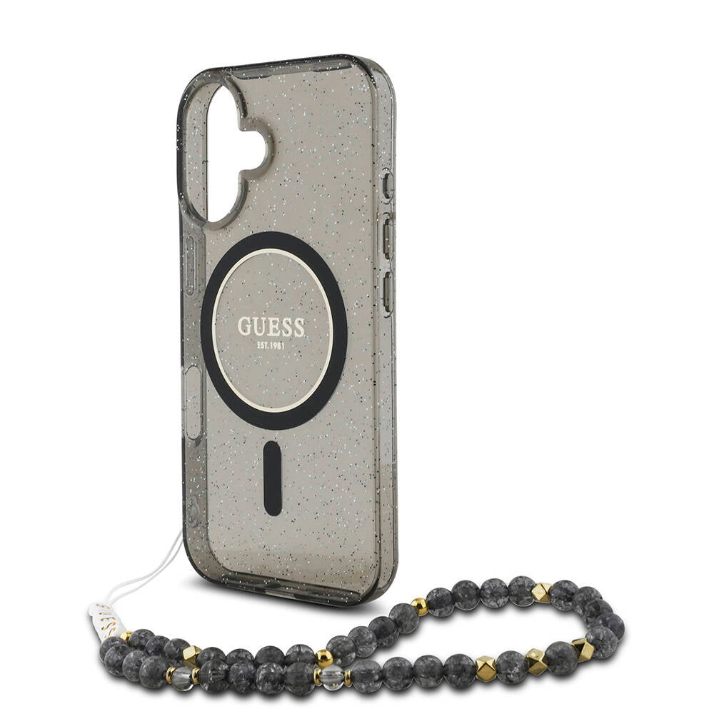 iPhone 16 Kılıf Guess Orjinal Lisanslı M-safe Şarj Özellikli Simli Silikon İnci Bileklikli Kılıf
