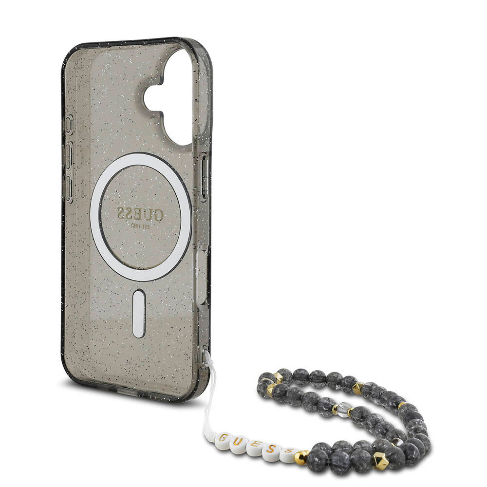 iPhone 16 Kılıf Guess Orjinal Lisanslı M-safe Şarj Özellikli Simli Silikon İnci Bileklikli Kılıf