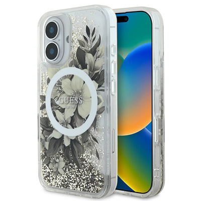 Apple iPhone 16 Kılıf Guess Orjinal Lisanslı Magsafe Şarj Özellikli Sıvılı Simli Çiçek Desenli Kapak Mor