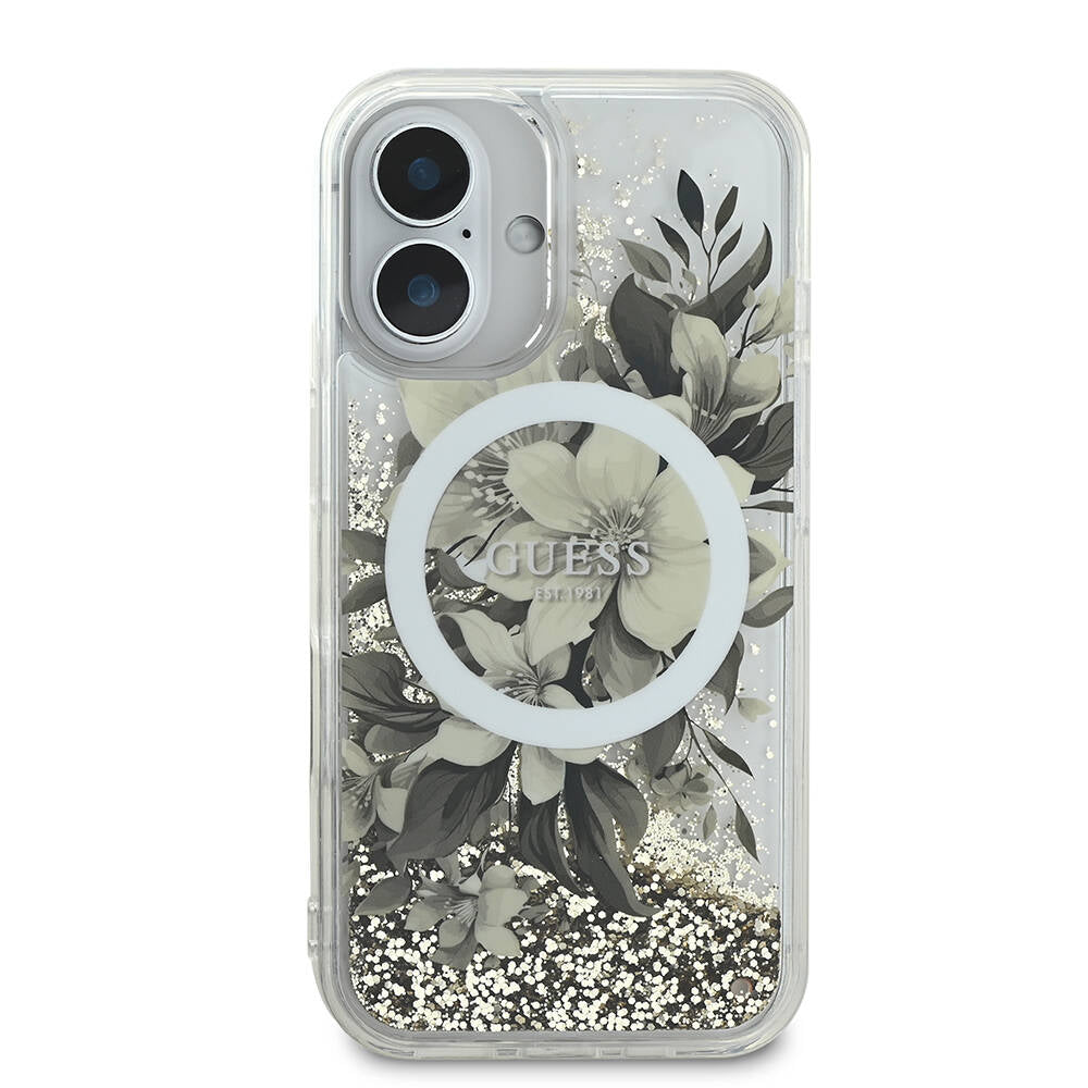 iPhone 16 Kılıf Guess Orjinal Lisanslı M-safe Şarj Özellikli Sıvılı Simli Çiçek Desenli Kılıf