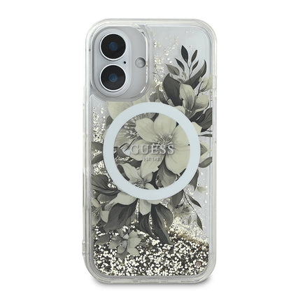 iPhone 16 Kılıf Guess Orjinal Lisanslı M-safe Şarj Özellikli Sıvılı Simli Çiçek Desenli Kılıf
