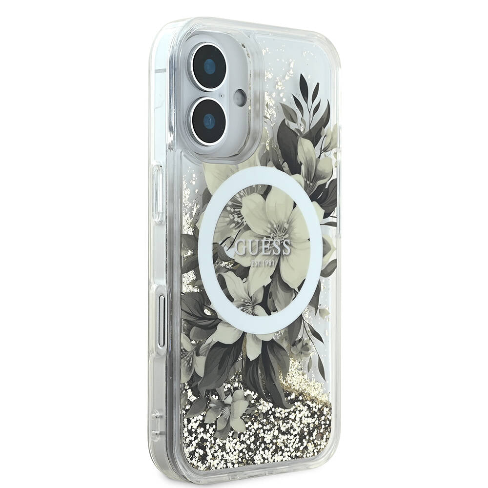 iPhone 16 Kılıf Guess Orjinal Lisanslı M-safe Şarj Özellikli Sıvılı Simli Çiçek Desenli Kılıf