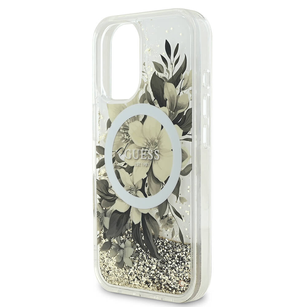 iPhone 16 Kılıf Guess Orjinal Lisanslı M-safe Şarj Özellikli Sıvılı Simli Çiçek Desenli Kılıf