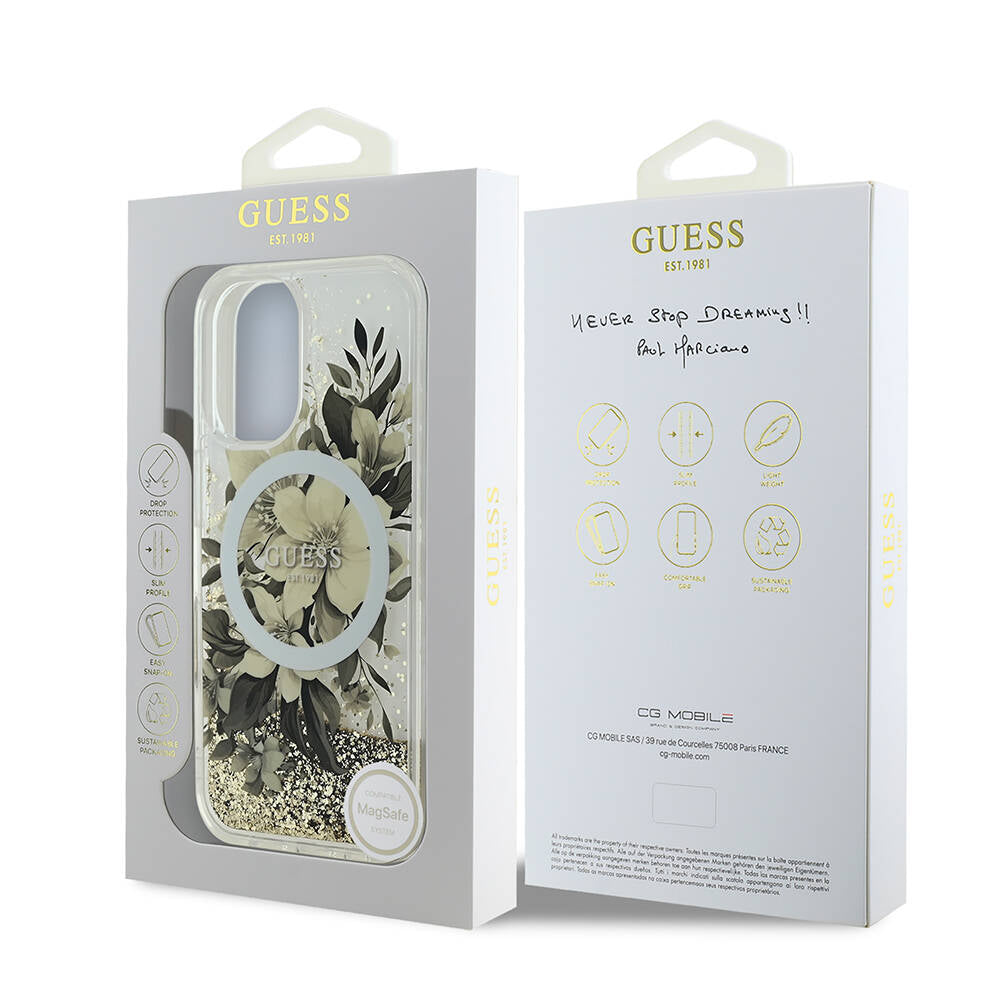 iPhone 16 Kılıf Guess Orjinal Lisanslı M-safe Şarj Özellikli Sıvılı Simli Çiçek Desenli Kılıf
