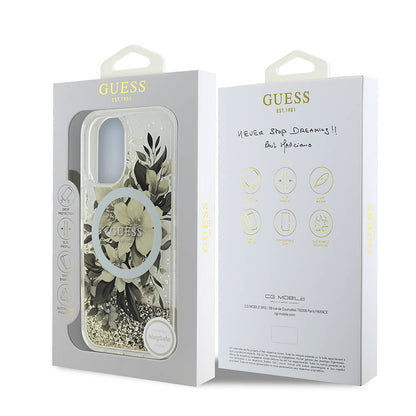 iPhone 16 Kılıf Guess Orjinal Lisanslı M-safe Şarj Özellikli Sıvılı Simli Çiçek Desenli Kılıf