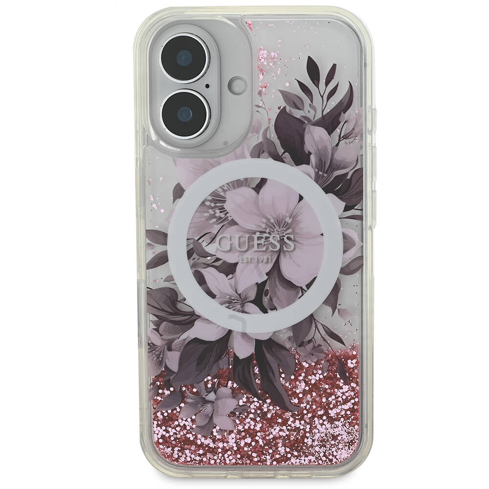 iPhone 16 Kılıf Guess Orjinal Lisanslı M-safe Şarj Özellikli Sıvılı Simli Çiçek Desenli Kılıf