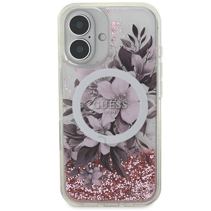 iPhone 16 Kılıf Guess Orjinal Lisanslı M-safe Şarj Özellikli Sıvılı Simli Çiçek Desenli Kılıf