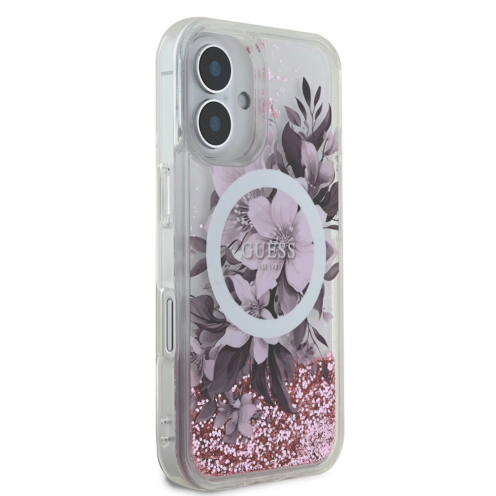 iPhone 16 Kılıf Guess Orjinal Lisanslı M-safe Şarj Özellikli Sıvılı Simli Çiçek Desenli Kılıf