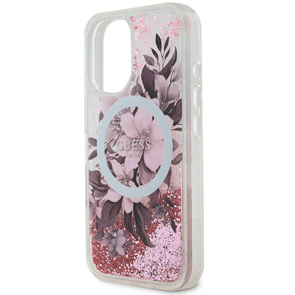 iPhone 16 Kılıf Guess Orjinal Lisanslı M-safe Şarj Özellikli Sıvılı Simli Çiçek Desenli Kılıf