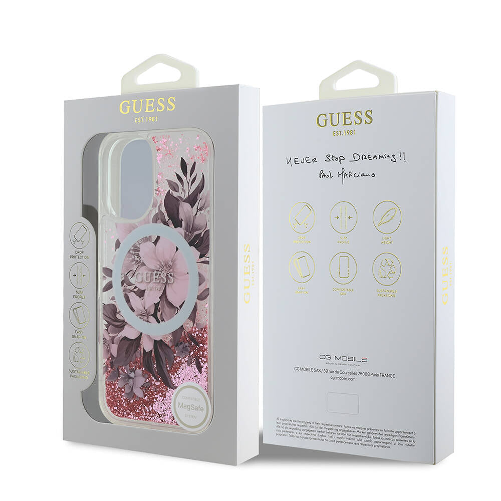iPhone 16 Kılıf Guess Orjinal Lisanslı M-safe Şarj Özellikli Sıvılı Simli Çiçek Desenli Kılıf