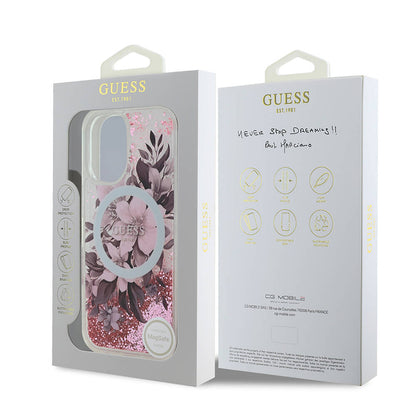 iPhone 16 Kılıf Guess Orjinal Lisanslı M-safe Şarj Özellikli Sıvılı Simli Çiçek Desenli Kılıf