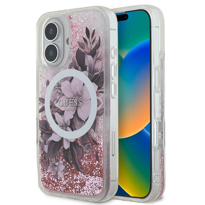 iPhone 16 Kılıf Guess Orjinal Lisanslı M-safe Şarj Özellikli Sıvılı Simli Çiçek Desenli Kılıf