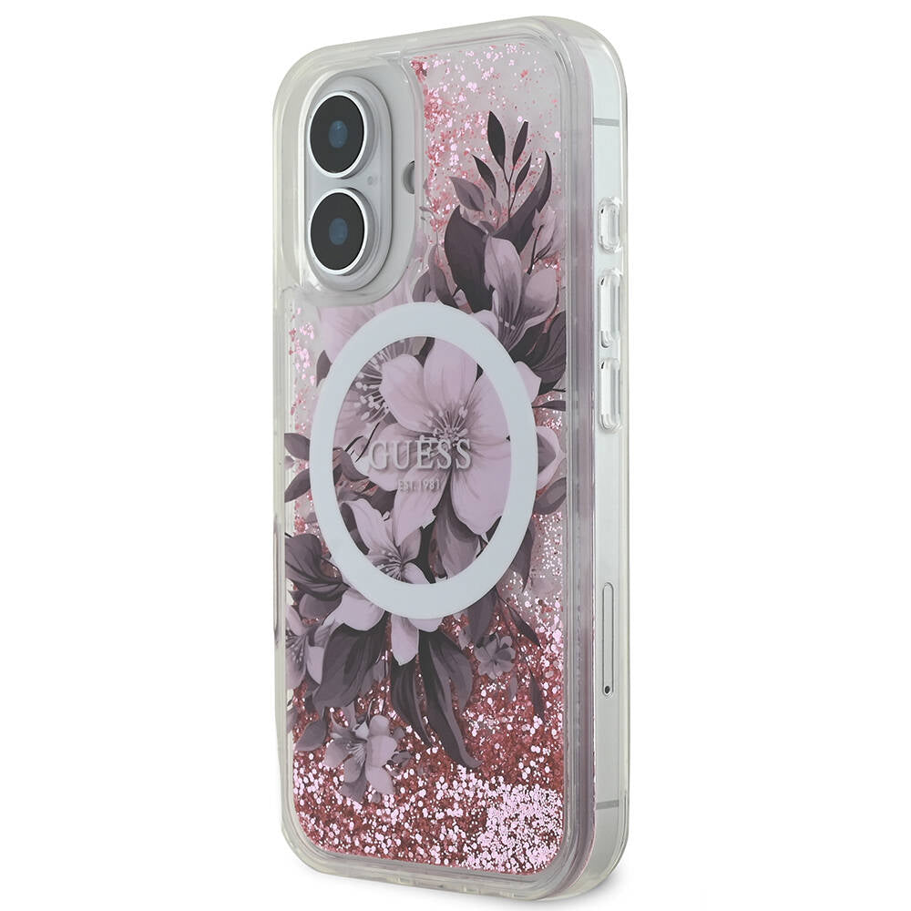 iPhone 16 Kılıf Guess Orjinal Lisanslı M-safe Şarj Özellikli Sıvılı Simli Çiçek Desenli Kılıf
