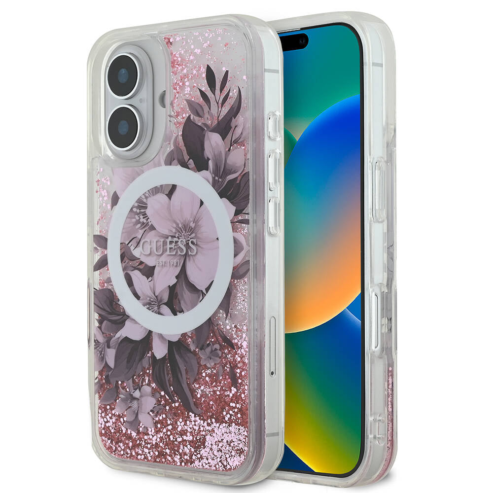 iPhone 16 Kılıf Guess Orjinal Lisanslı M-safe Şarj Özellikli Sıvılı Simli Çiçek Desenli Kılıf