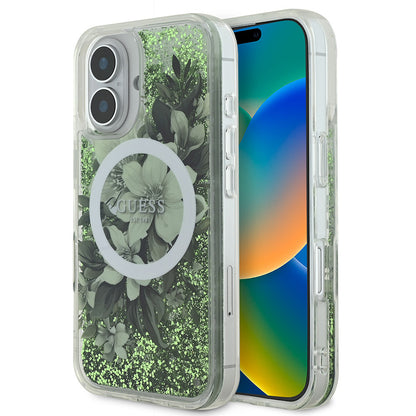 iPhone 16 Kılıf Guess Orjinal Lisanslı M-safe Şarj Özellikli Sıvılı Simli Çiçek Desenli Kılıf