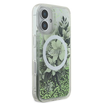 iPhone 16 Kılıf Guess Orjinal Lisanslı M-safe Şarj Özellikli Sıvılı Simli Çiçek Desenli Kılıf
