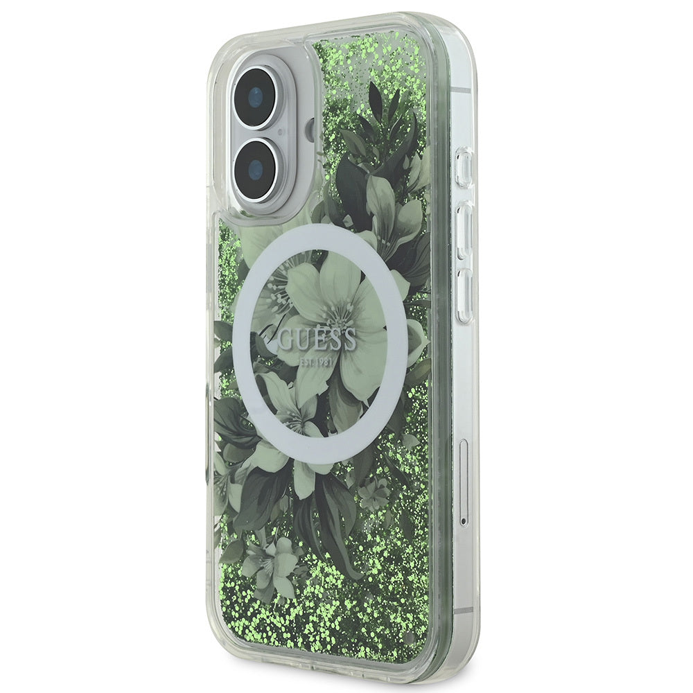 iPhone 16 Kılıf Guess Orjinal Lisanslı M-safe Şarj Özellikli Sıvılı Simli Çiçek Desenli Kılıf