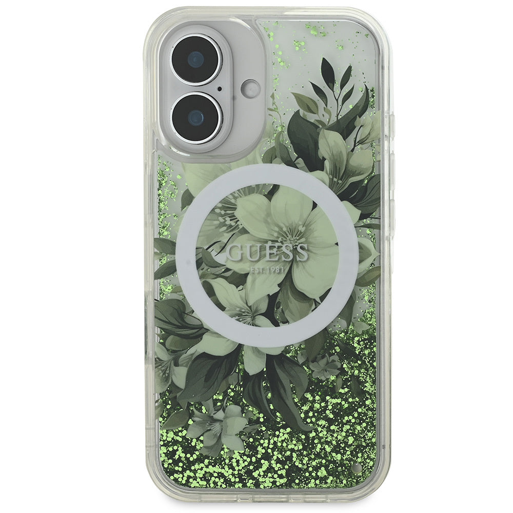 iPhone 16 Kılıf Guess Orjinal Lisanslı M-safe Şarj Özellikli Sıvılı Simli Çiçek Desenli Kılıf