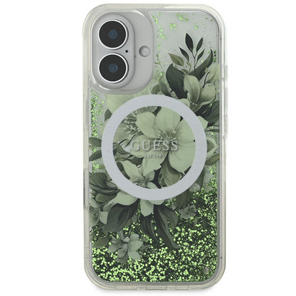 iPhone 16 Kılıf Guess Orjinal Lisanslı M-safe Şarj Özellikli Sıvılı Simli Çiçek Desenli Kılıf