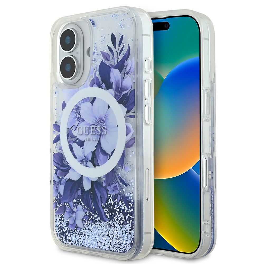 iPhone 16 Kılıf Guess Orjinal Lisanslı M-safe Şarj Özellikli Sıvılı Simli Çiçek Desenli Kılıf