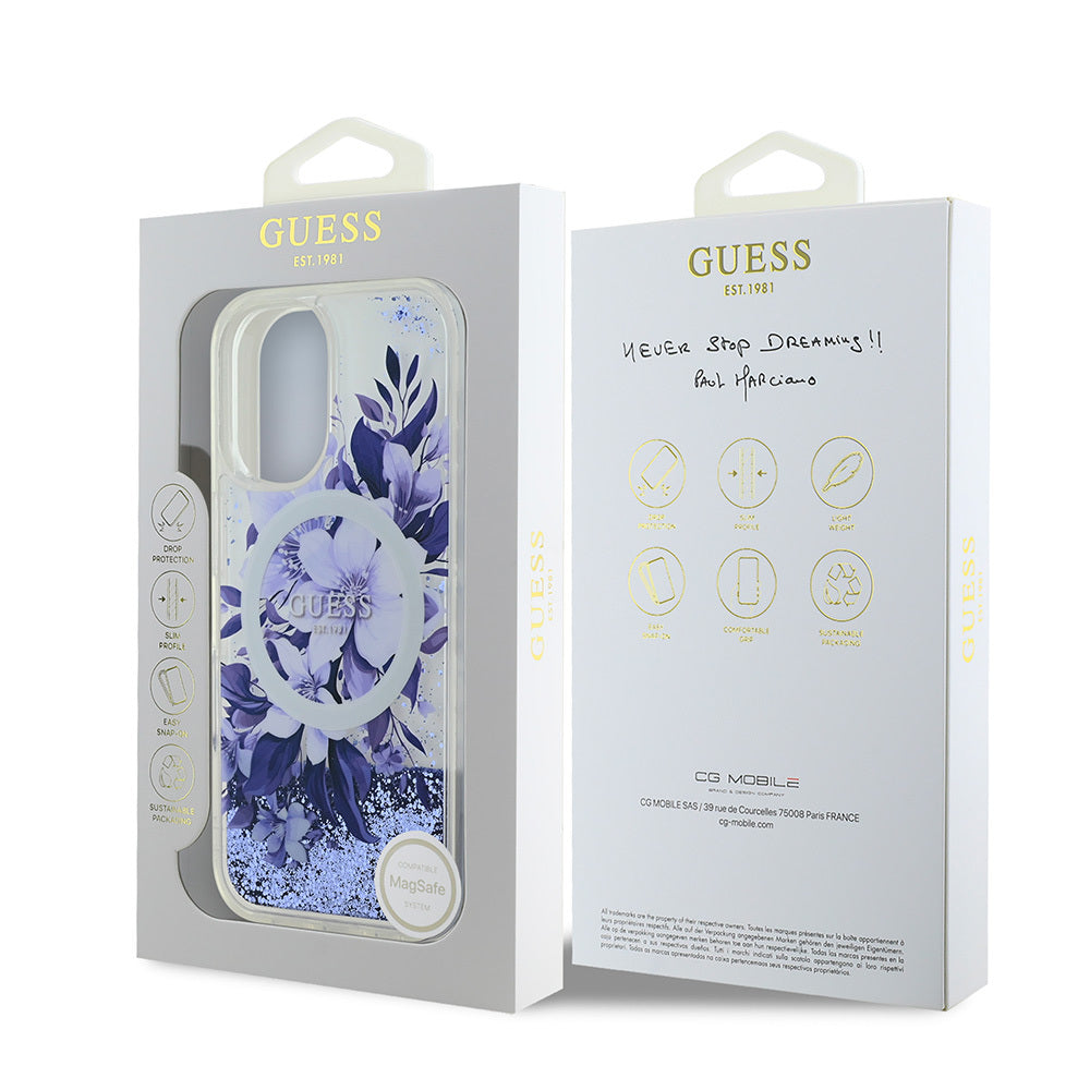 iPhone 16 Kılıf Guess Orjinal Lisanslı M-safe Şarj Özellikli Sıvılı Simli Çiçek Desenli Kılıf